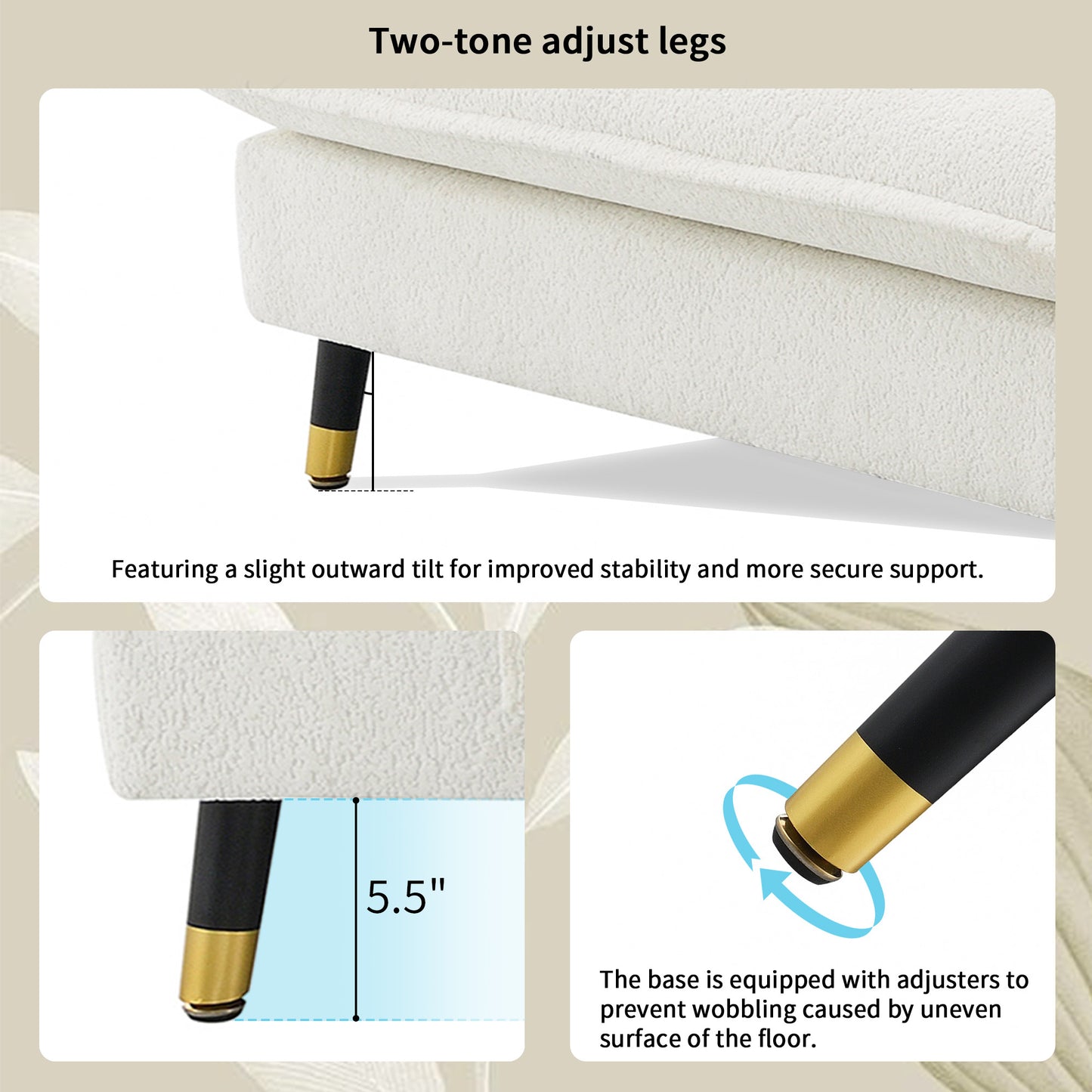 Closeup of twotone adjustable furniture legs in black and gold with a slight outward tilt
