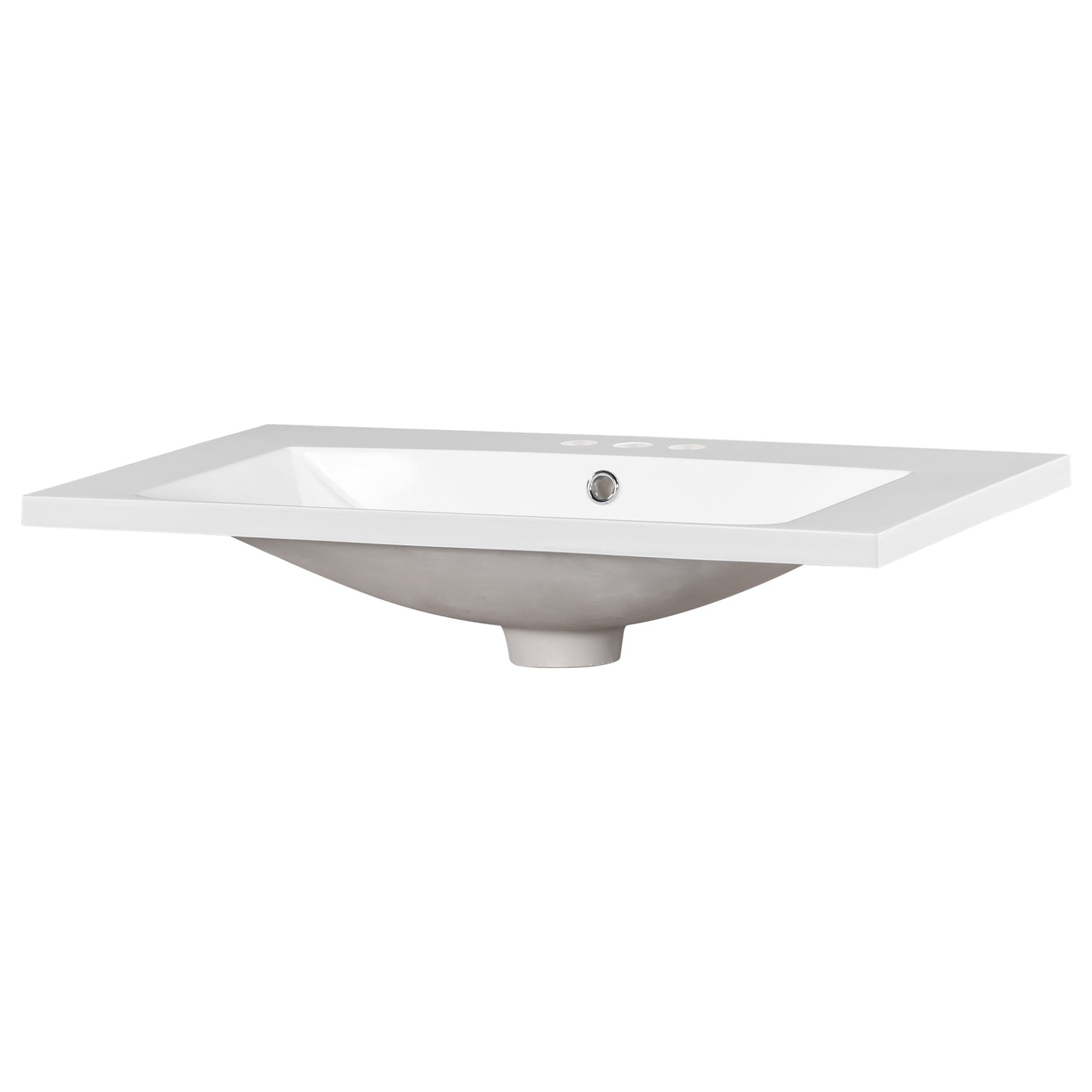 White ceramic bathroom sink with faucet holes and chrome drain