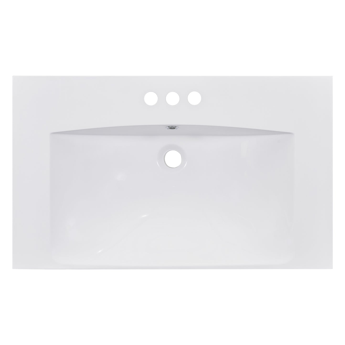 White ceramic bathroom sink with three faucet holes and a central drain