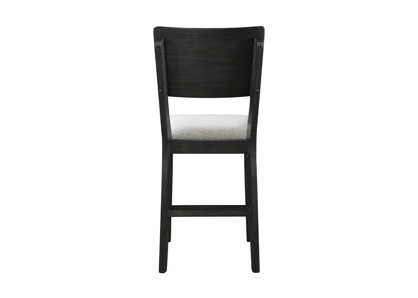 Back view of a dark wood bar stool with a light grey upholstered seat