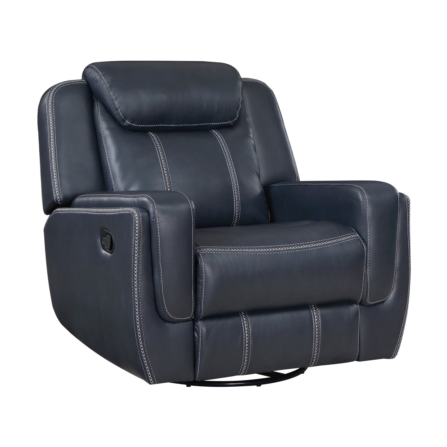 Dark navy blue leather recliner chair with white contrast stitching