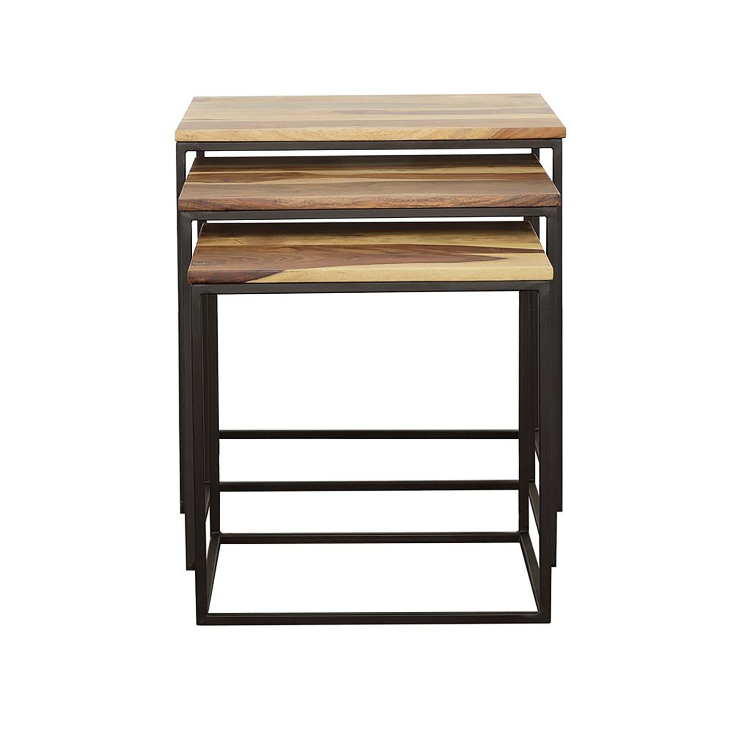 Threetiered nesting tables with mixed wood finishes and black metal frames