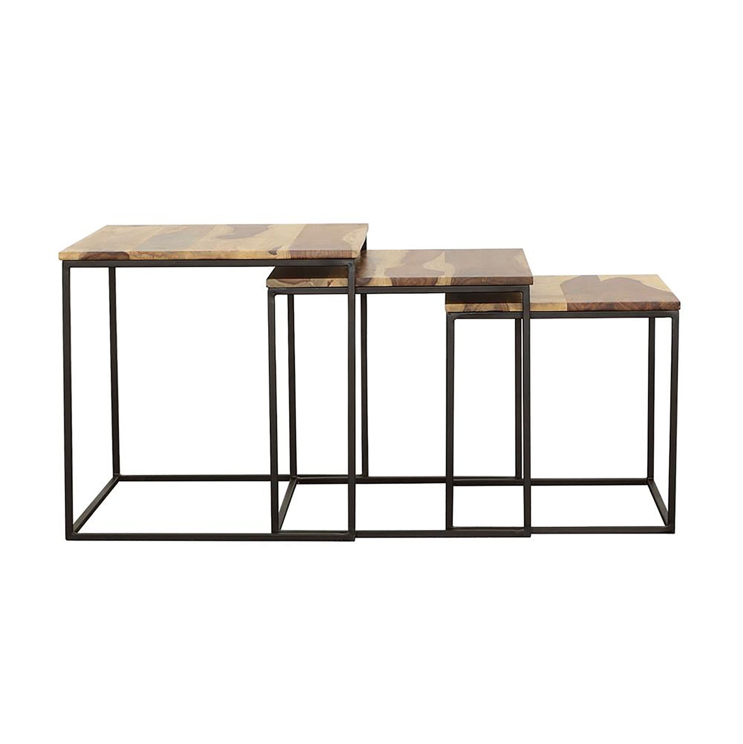Set of three nesting tables with natural wood tops and black metal frames