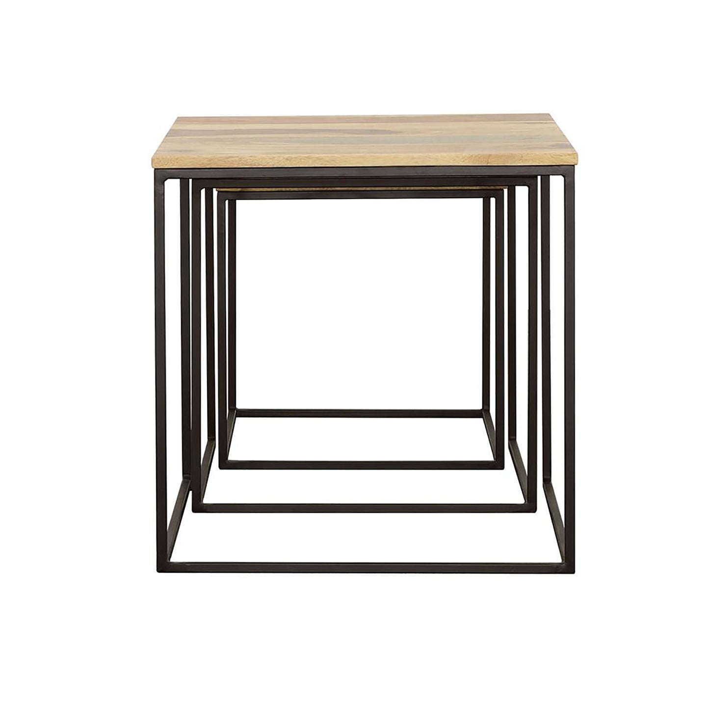 Set of nesting tables with natural wood tops and black metal frames