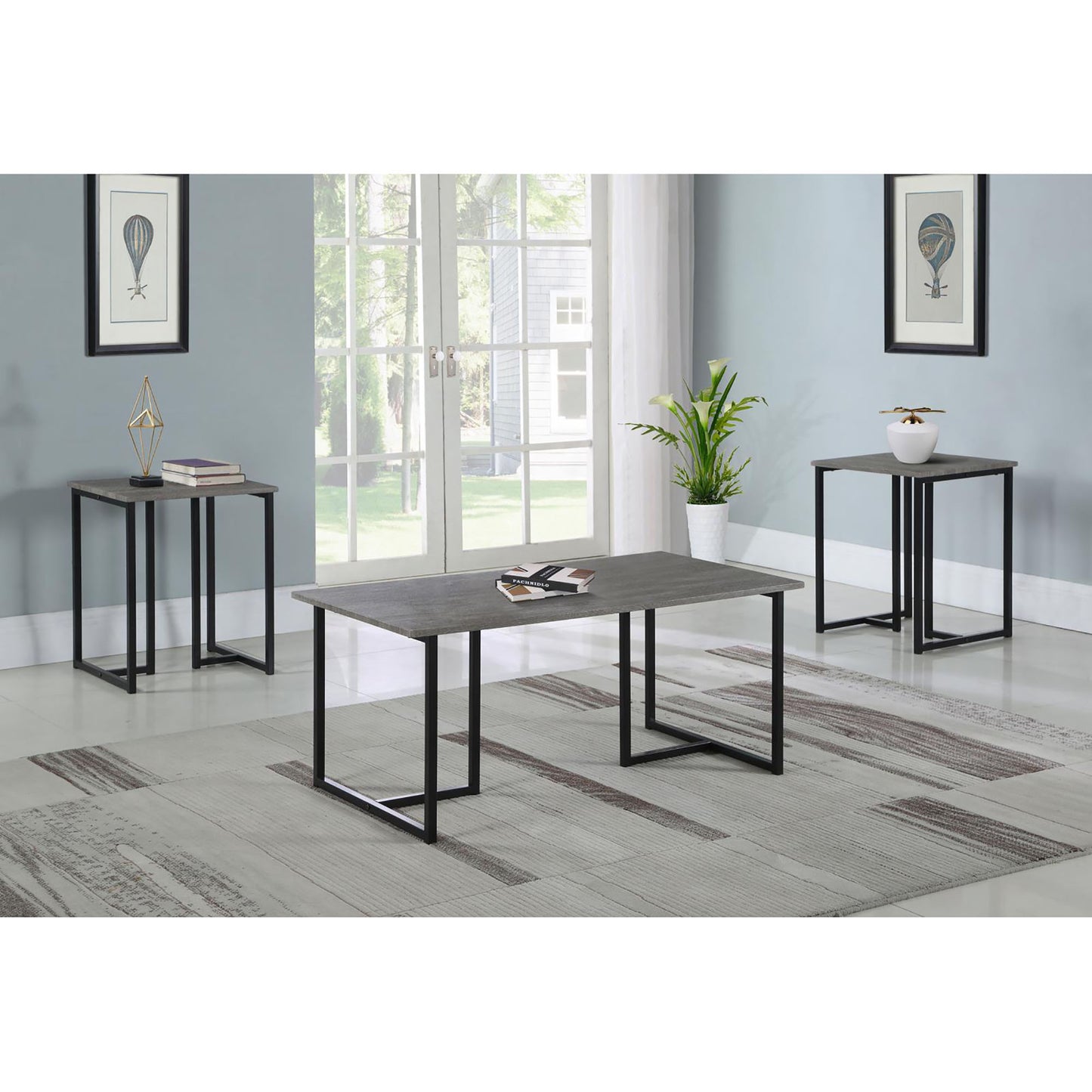 Modern grey wood grain coffee table with black metal legs for living room use