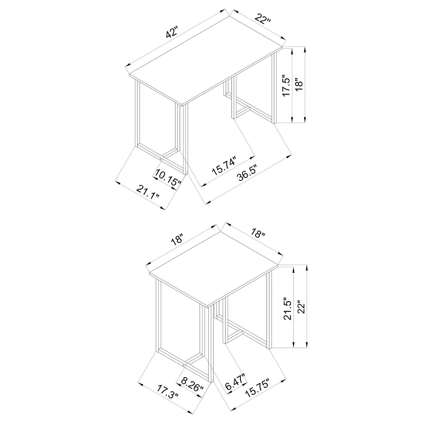 Diagram of a x modern desk with metal frame and dimensions shown