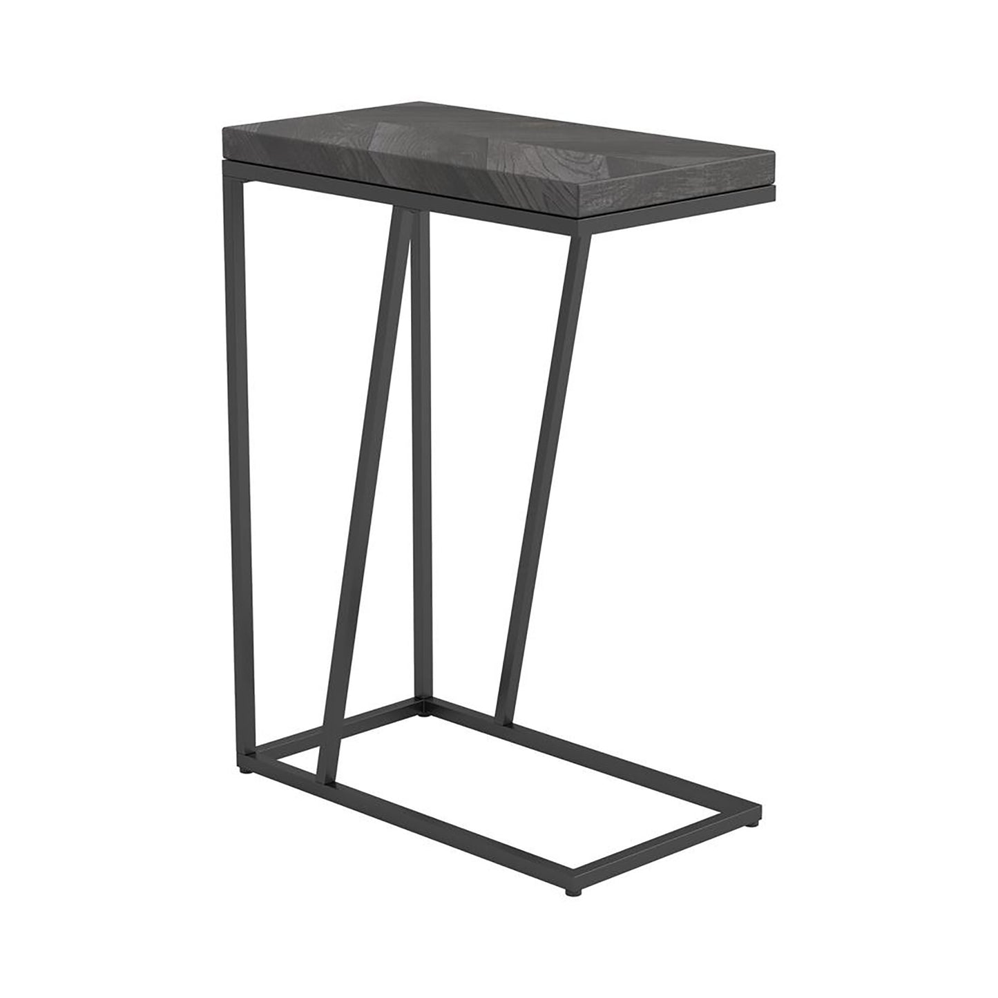 Modern C table with a dark wood top and minimalist black metal frame perfect for living rooms
