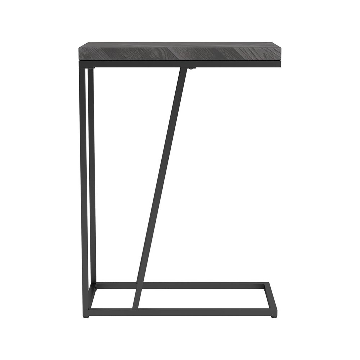 Modern ctable with dark wood grain top and black metal frame perfect for small spaces