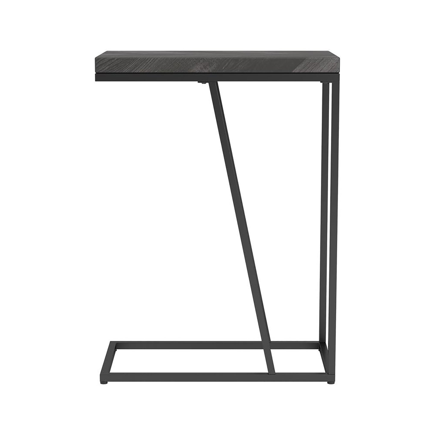 Modern Ctable with dark wood top and black metal frame perfect for living rooms