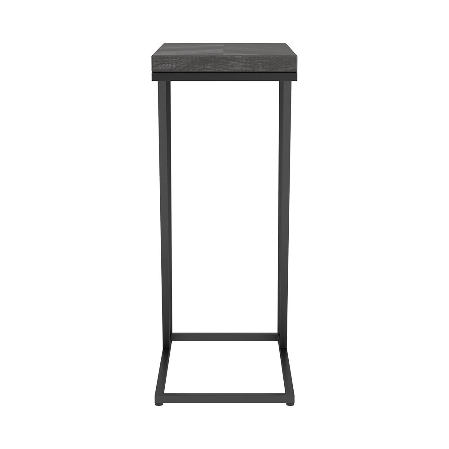 Modern Cshaped side table with dark wood grain top and black metal frame ideal for living rooms