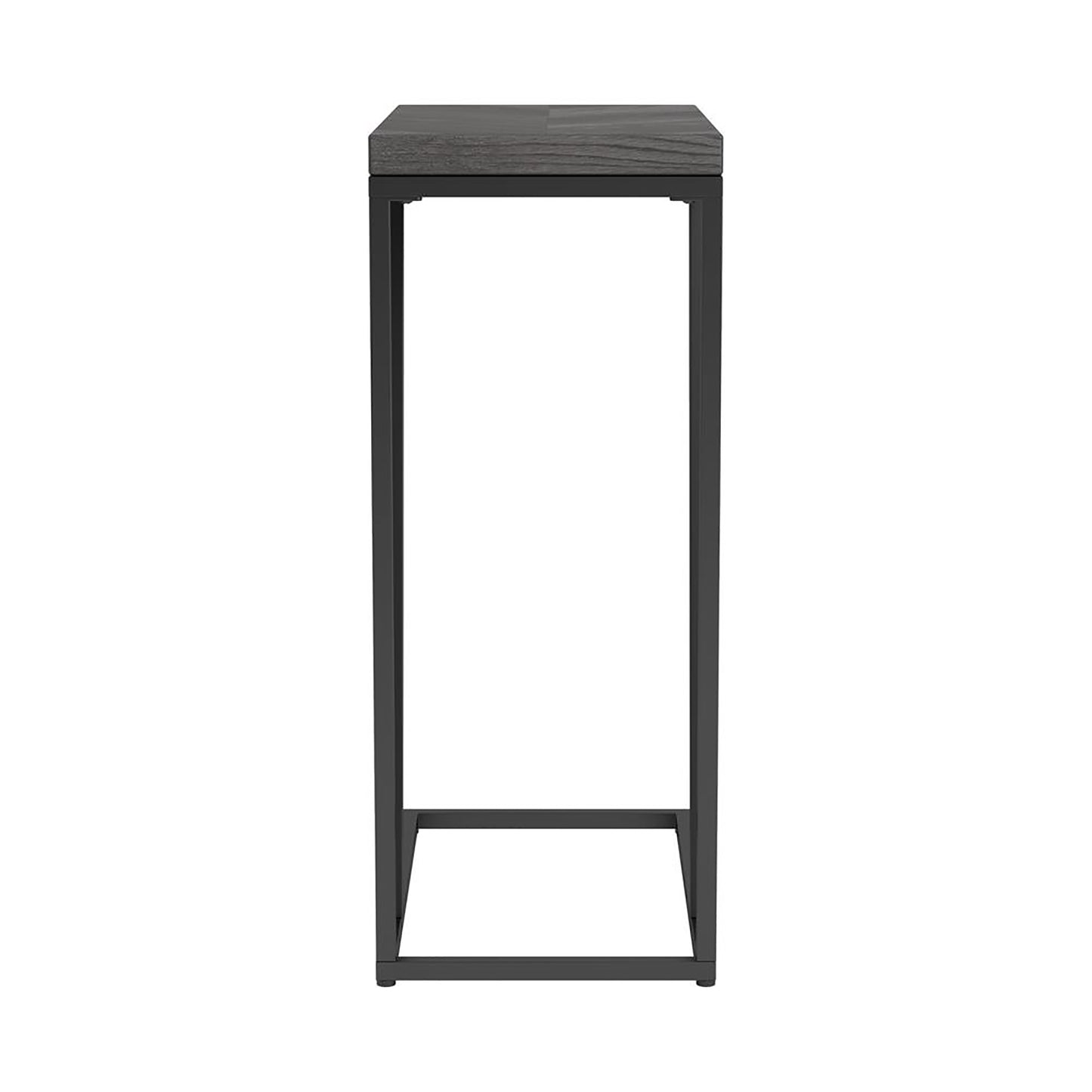 Tall slender dark grey wood side table with black metal frame for modern living spaces