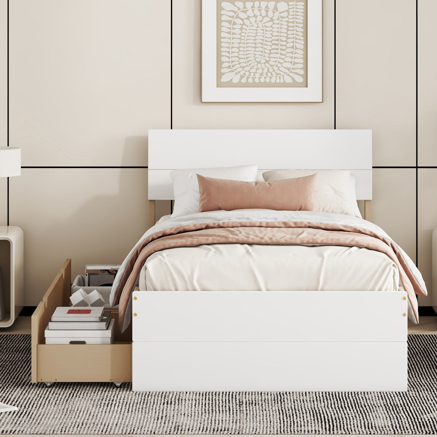White twin bed frame with natural wood storage drawer and blush pink bedding