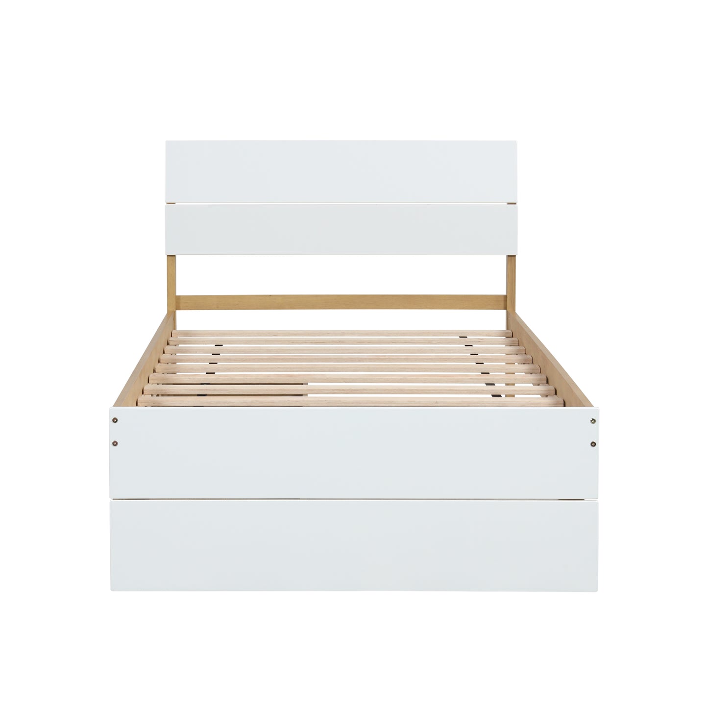 White modern bed frame with wooden slats