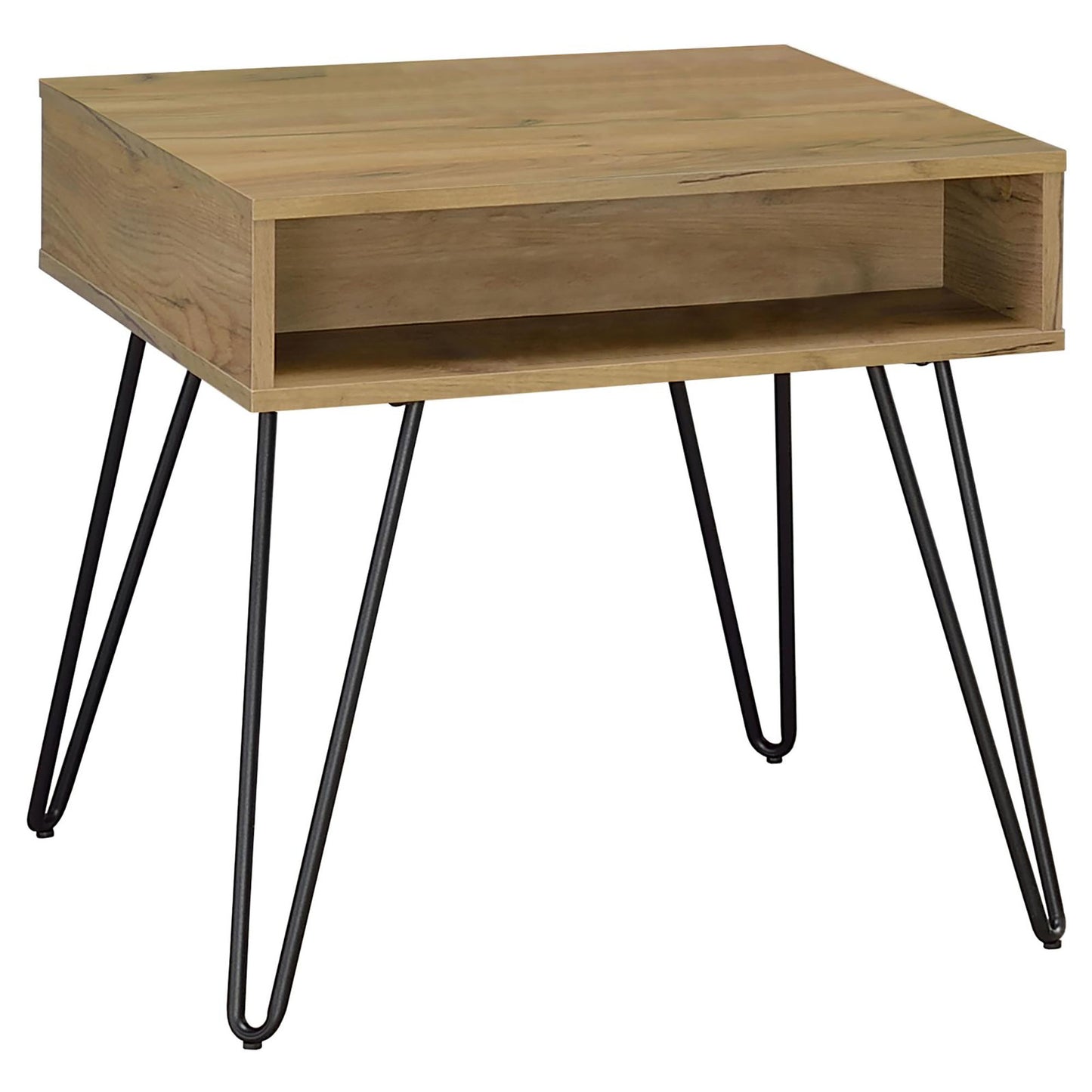 Oak finish end table with modern hairpin legs and open shelf storage