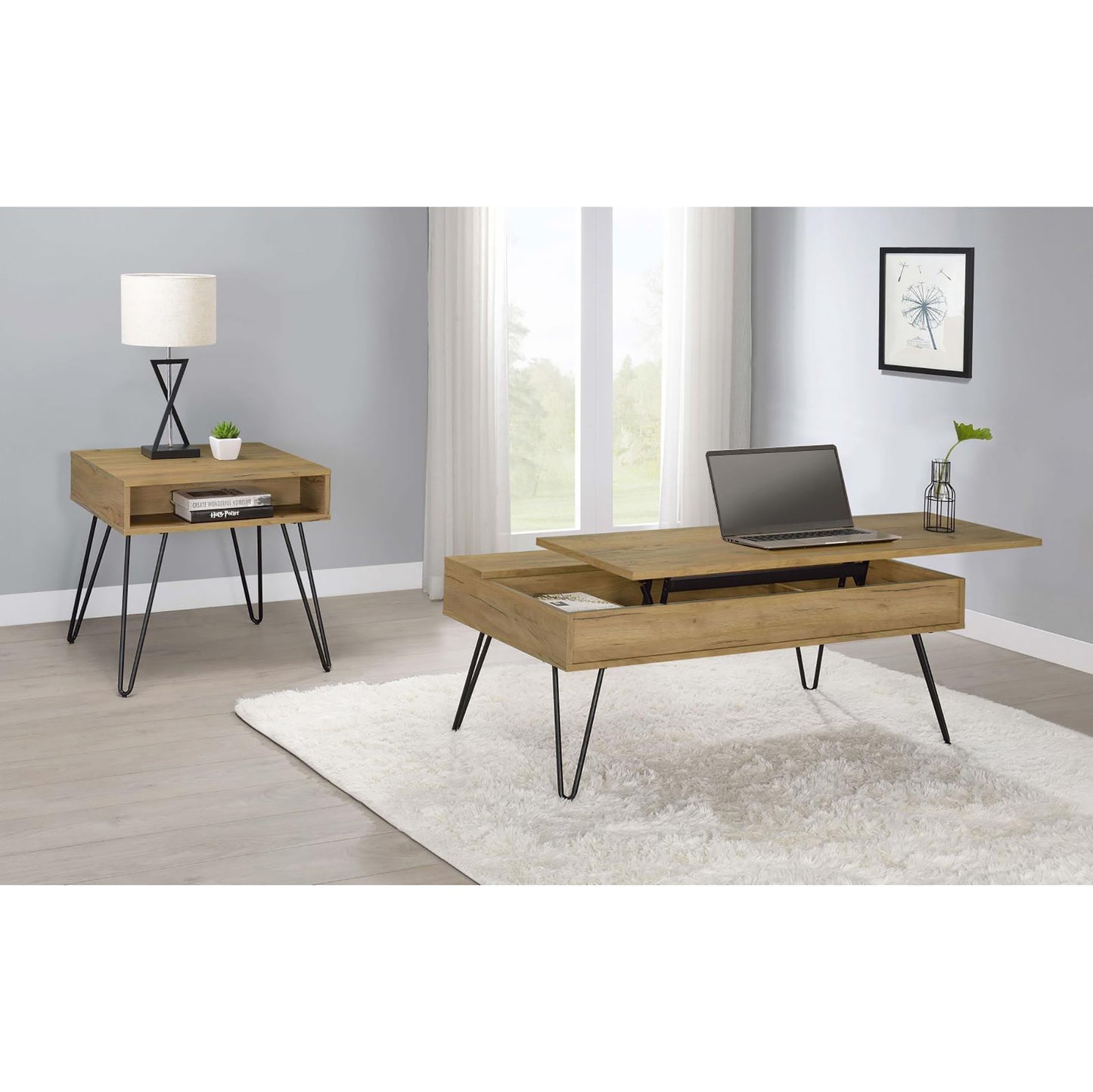 Lifttop coffee table in natural wood grain finish with modern hairpin legs