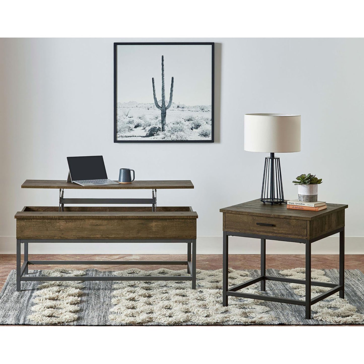 Rustic wood lift top coffee table with metal frame and laptop