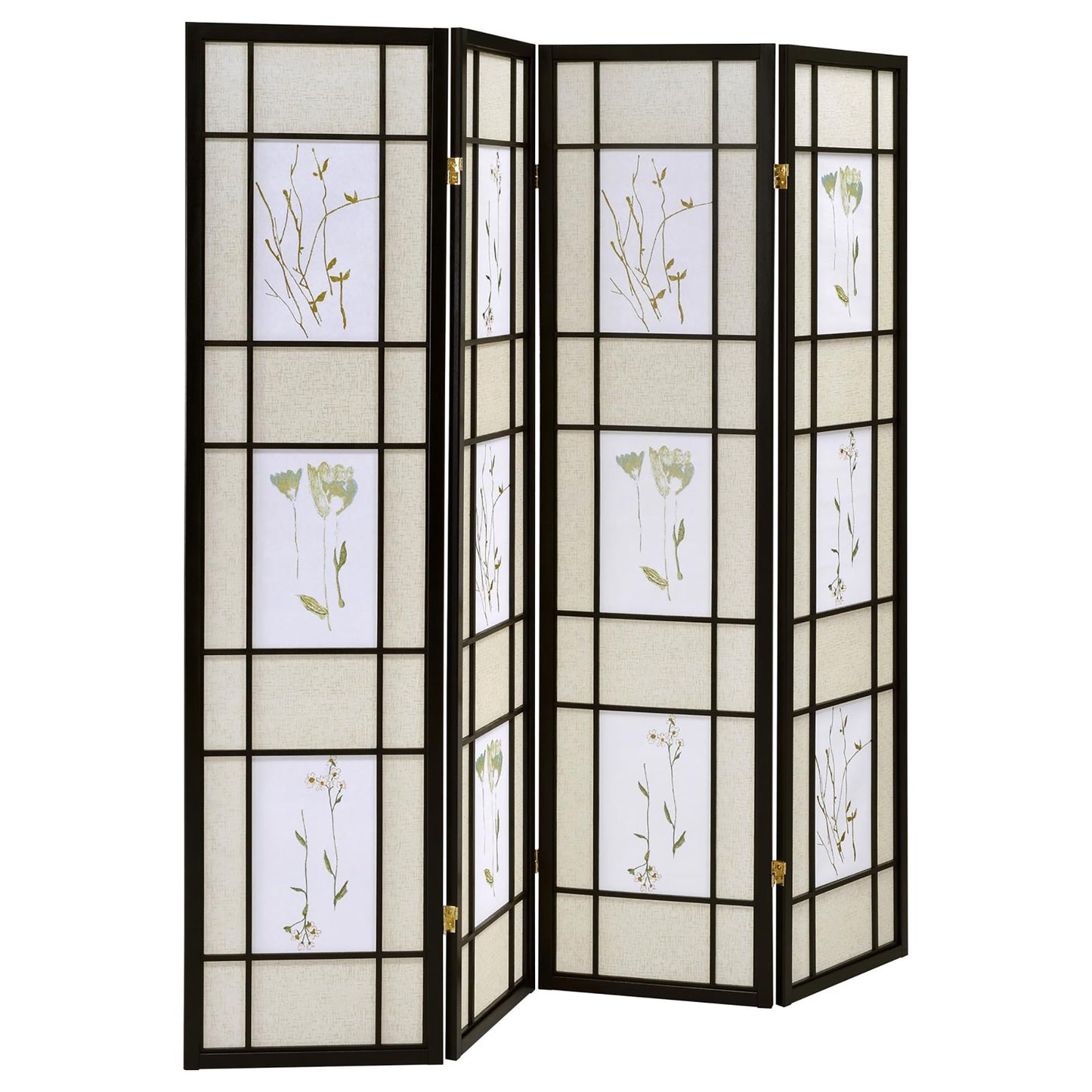 Fourpanel dark wood room divider with woven panels and botanical prints