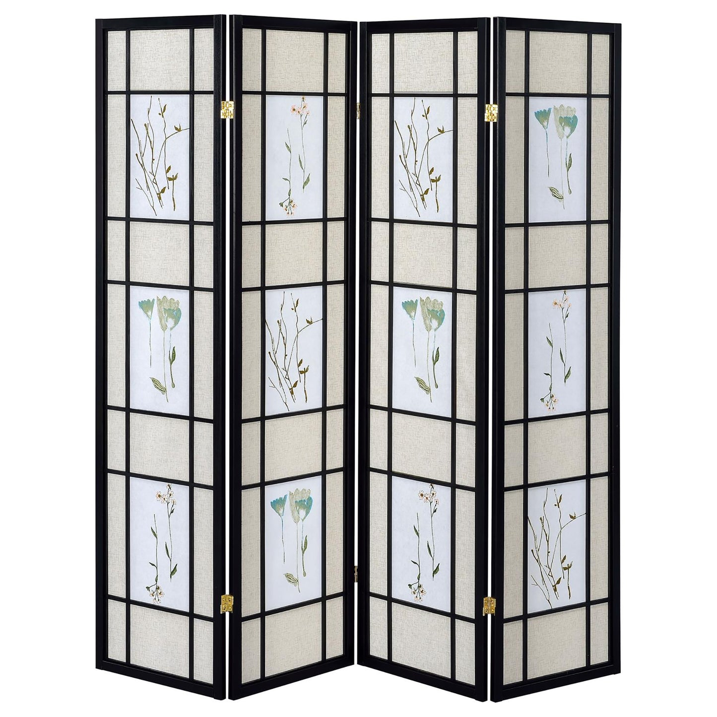 Black framed fourpanel room divider with delicate floral artwork on a cream fabric screen