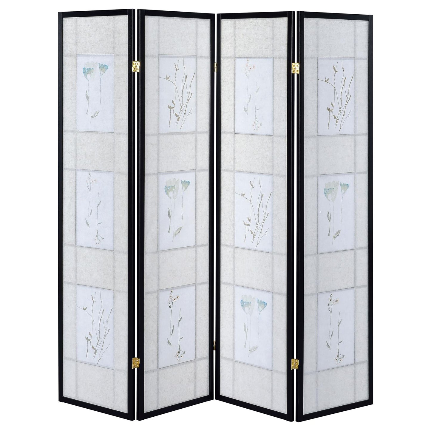Fourpanel room divider with delicate floral prints on textured fabric screens