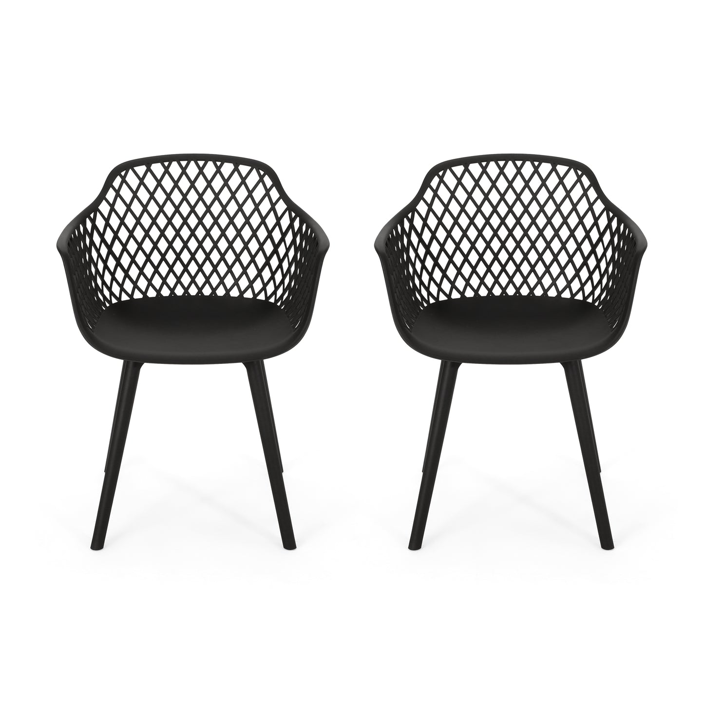 Two black modern armchairs with diamondpatterned backs