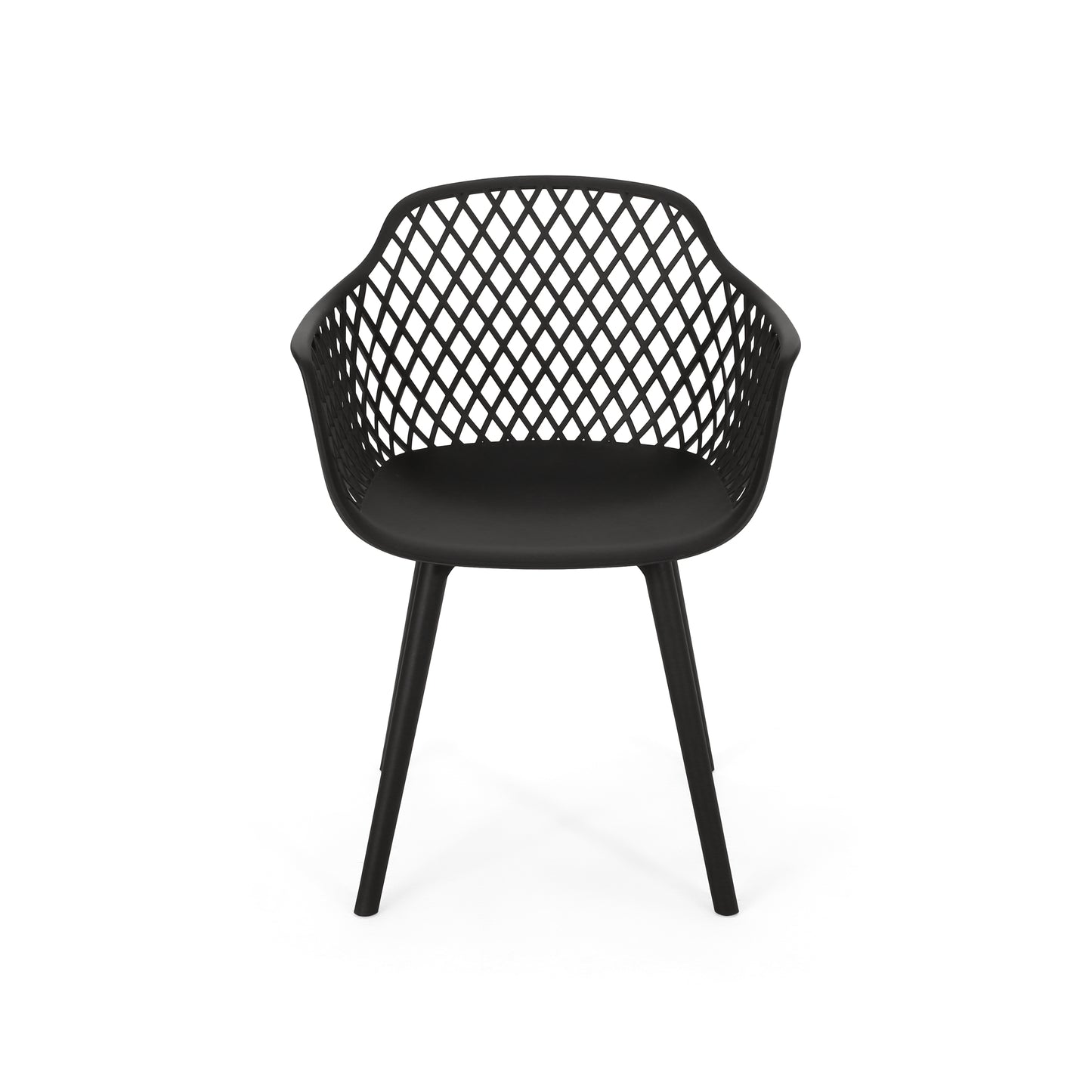Modern black plastic dining chair with open diamondshaped back