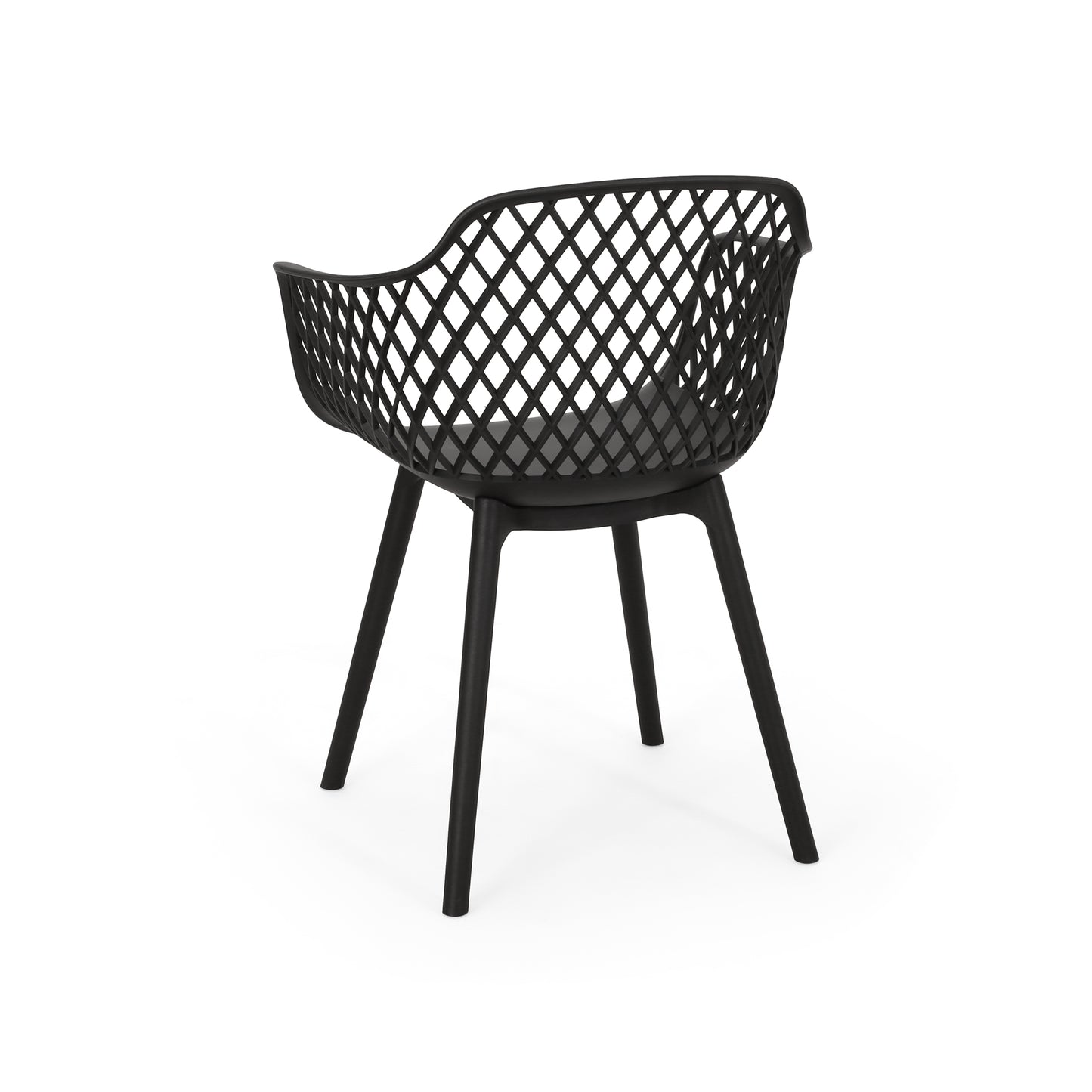 Black diamond pattern plastic patio chair with grey seat cushion