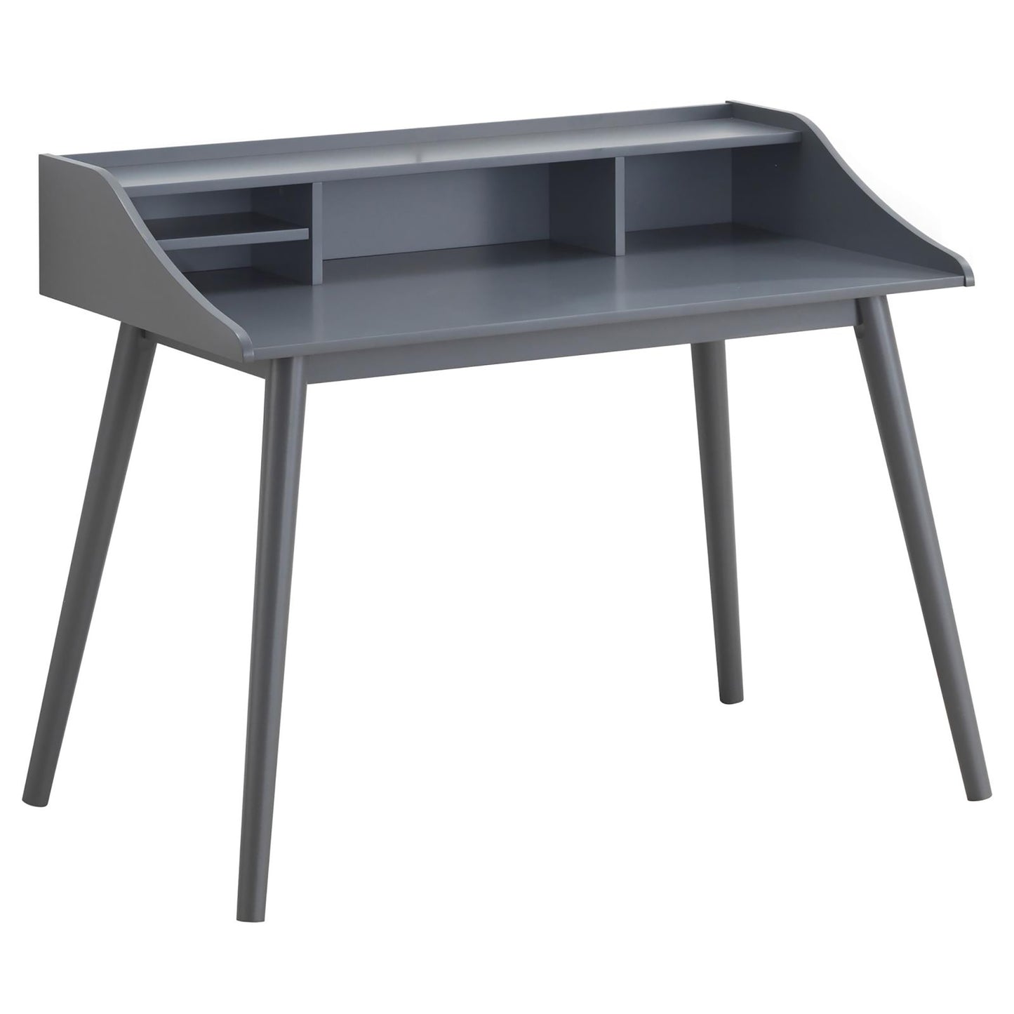 Grey wooden secretary desk with multiple compartments and tapered legs