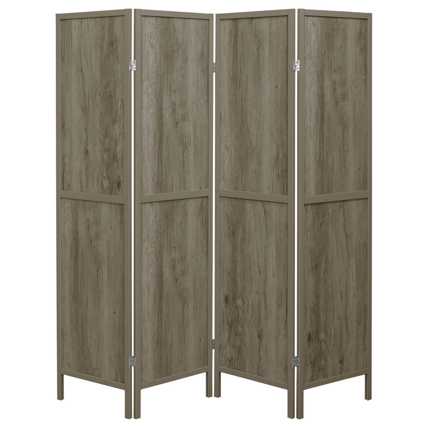 Fourpanel room divider with rustic gray wood grain texture and dark bronze metal frame