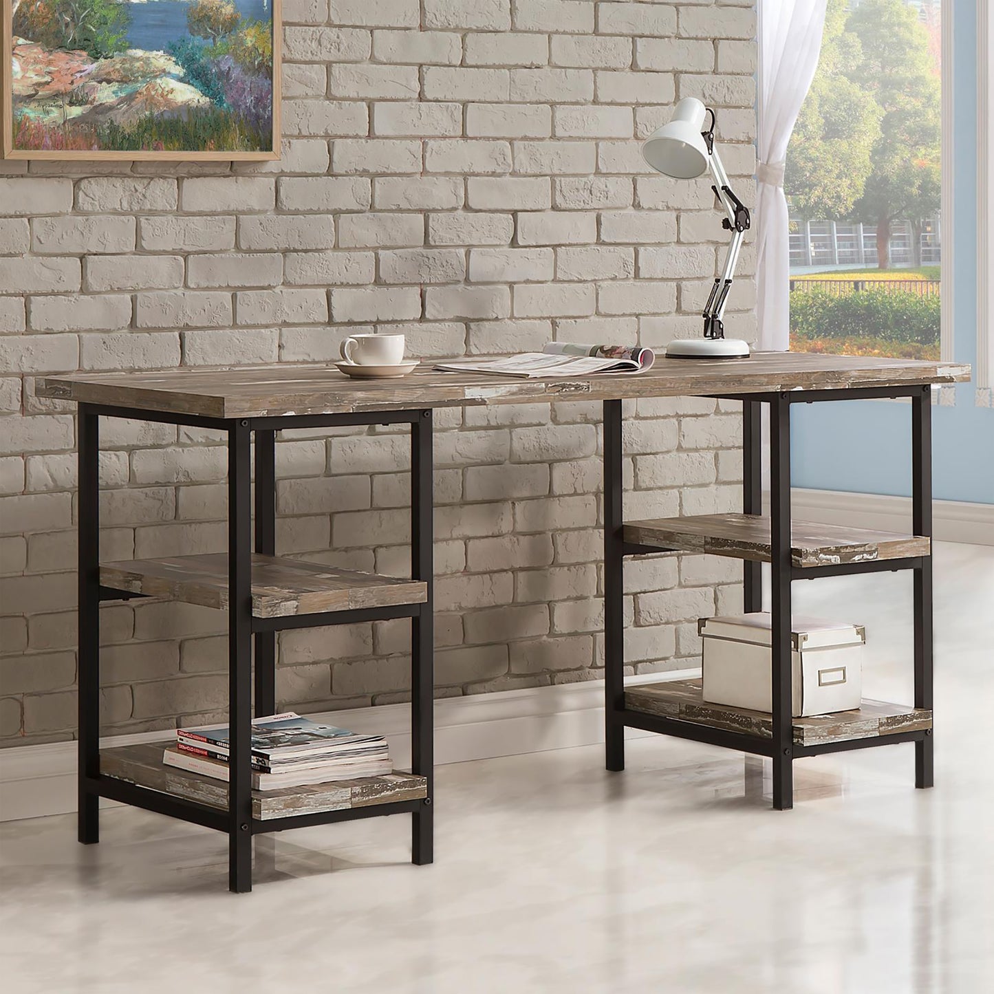 Distressed wood and metal desk with integrated shelving for storage