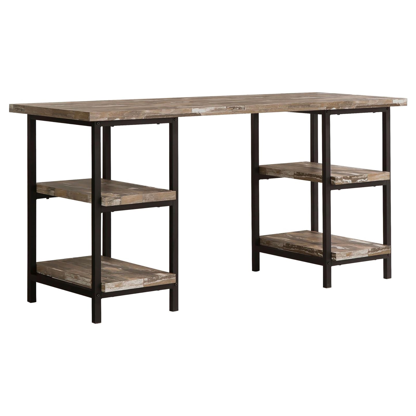Rustic wood top desk with black metal frame and open shelving