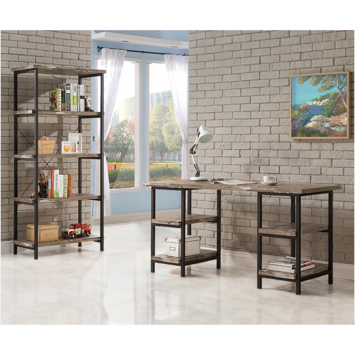 Rustic industrial bookshelf with five distressed wood shelves and black metal frame