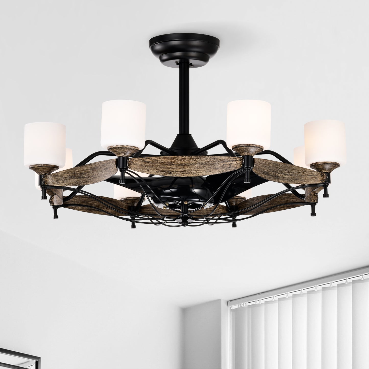 Rustic ceiling fan with faux wood accents and six frosted glass lights