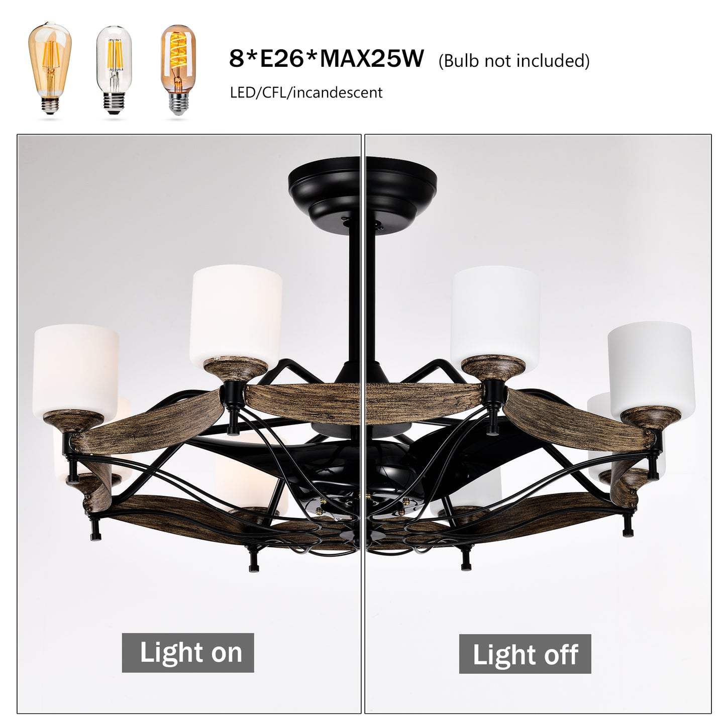 Rustic farmhouse light chandelier with faux wood accents and frosted glass shades