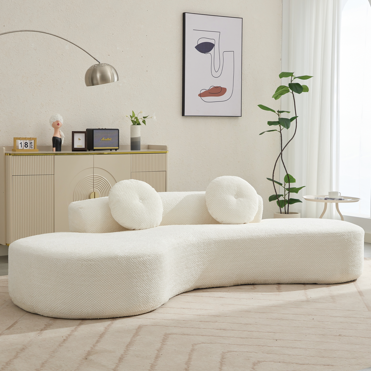 Textured cream boucl sectional sofa with rounded back cushions ideal for modern living rooms