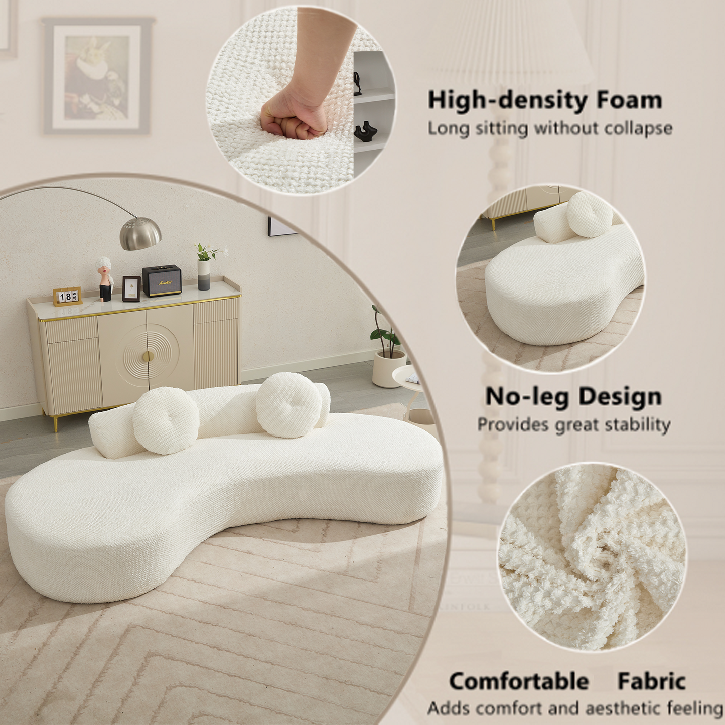 White boucle sofa with round cushions and a curved shape for modern living rooms