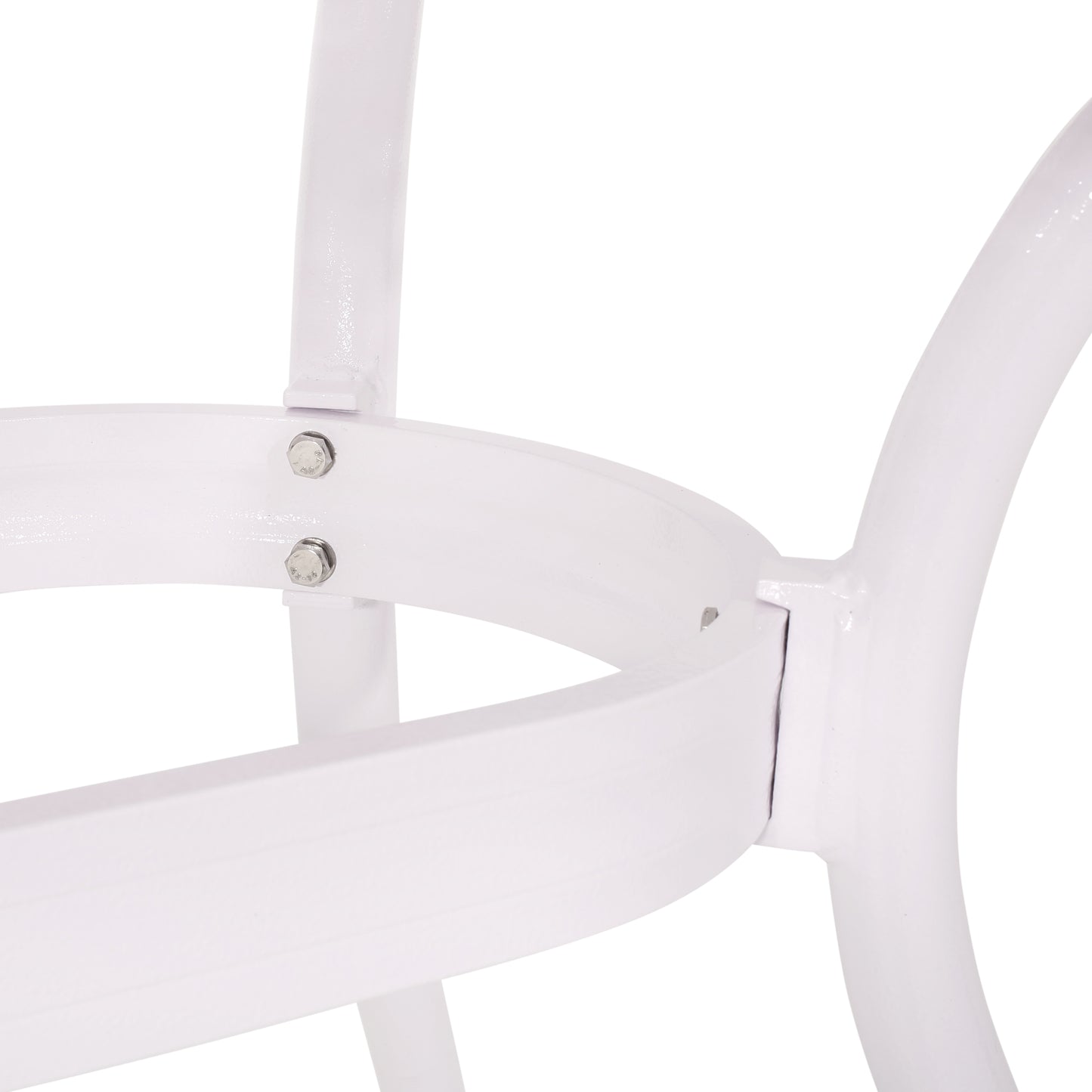 White metal table base featuring secure bolt connections for stability ideal for outdoor furniture