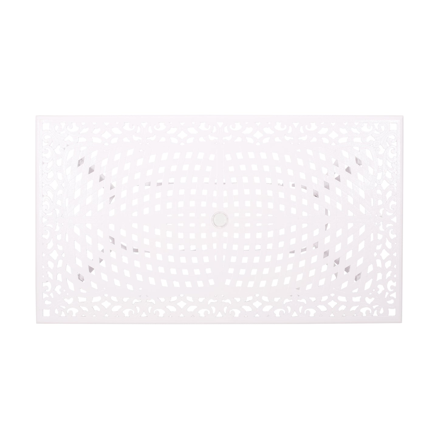 White ornate lattice outdoor dining table top with umbrella hole