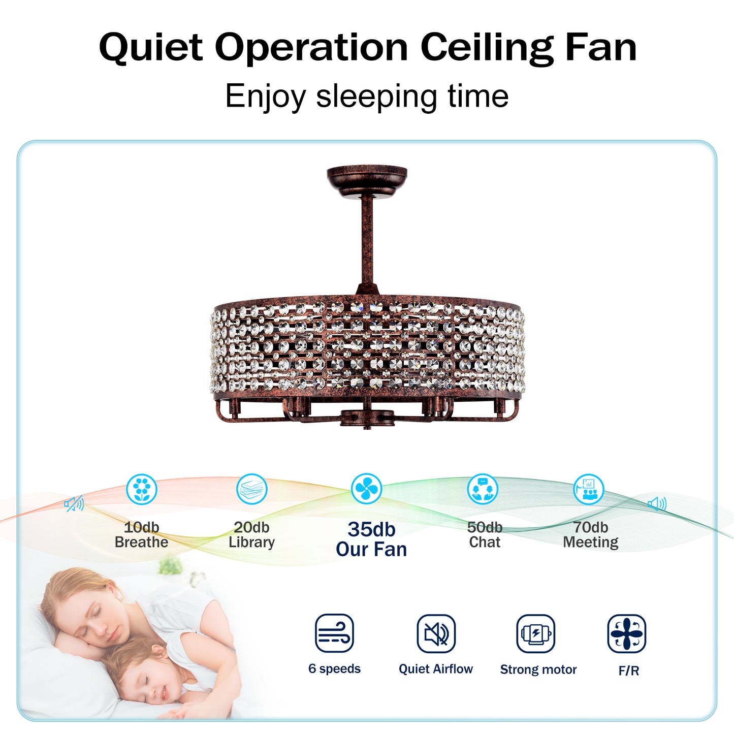 Rustic bronze ceiling fan with crystal embellishments and quiet operation
