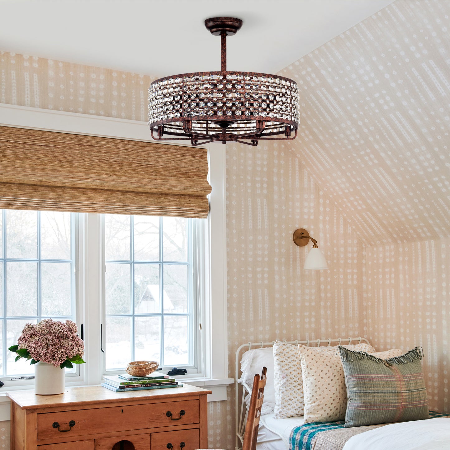 Rustic bronze flush mount ceiling light with clear crystal accents ideal for bedrooms
