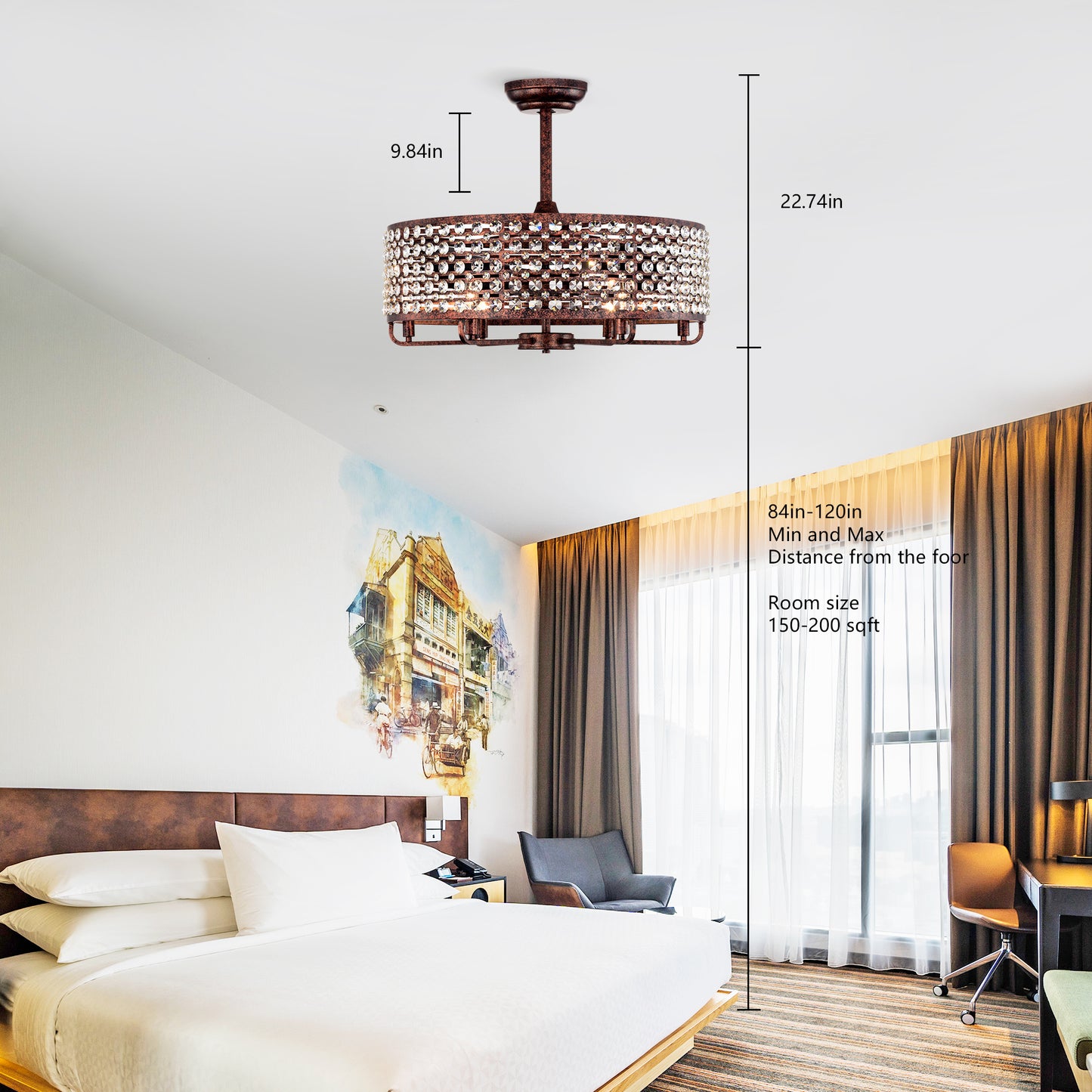 Rustic bronze flush mount ceiling light with crystal accents in height