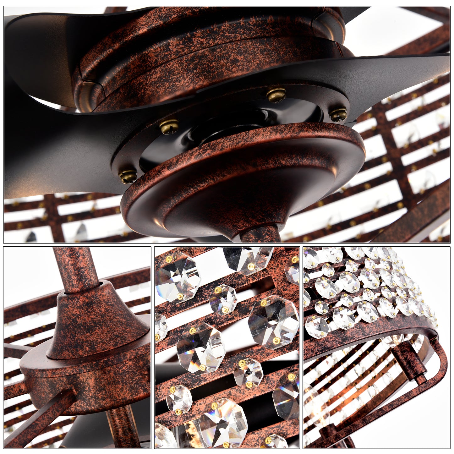 Rustic bronze ceiling fan with black blades and crystal accents