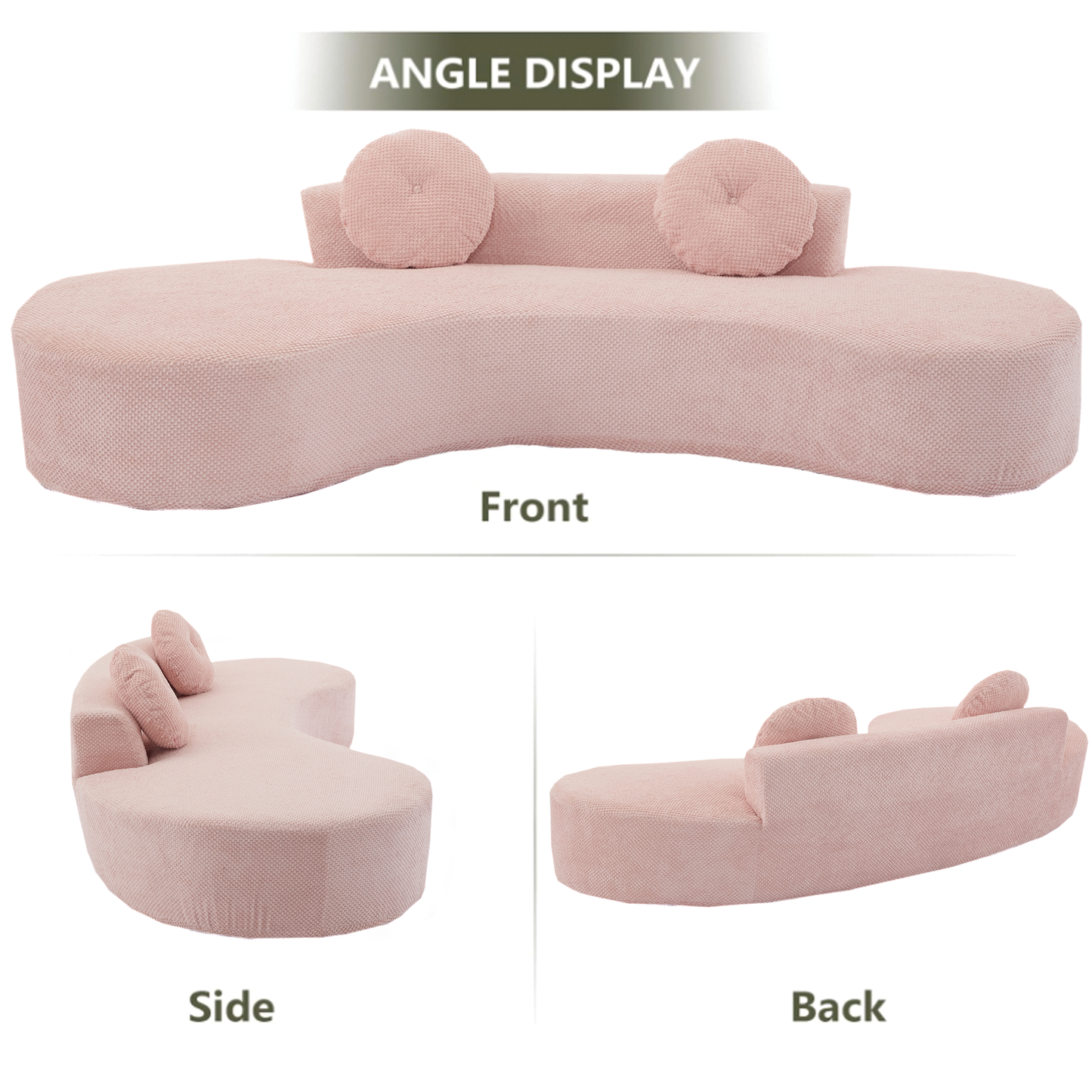 Textured pink curved sofa with two round cushions perfect for modern living rooms
