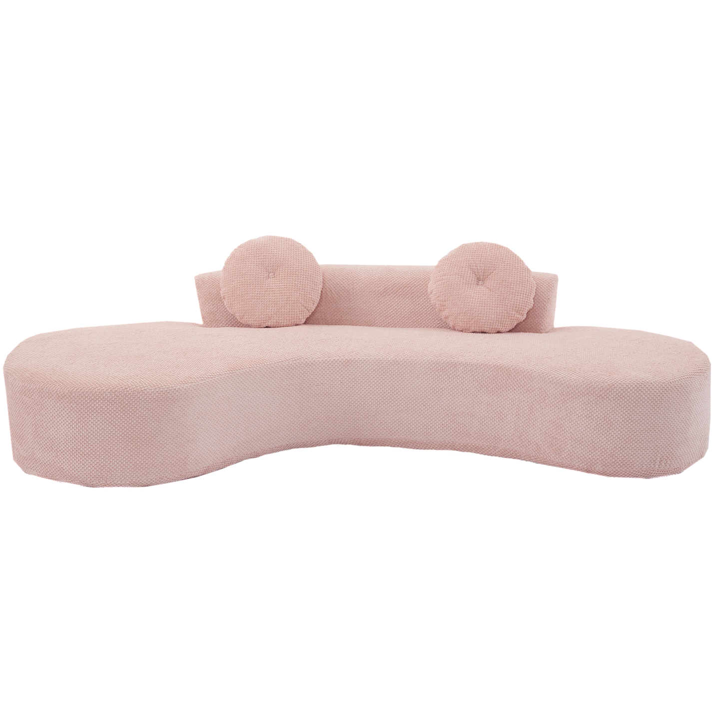 Pink curved fabric sofa with round accent pillows modern design