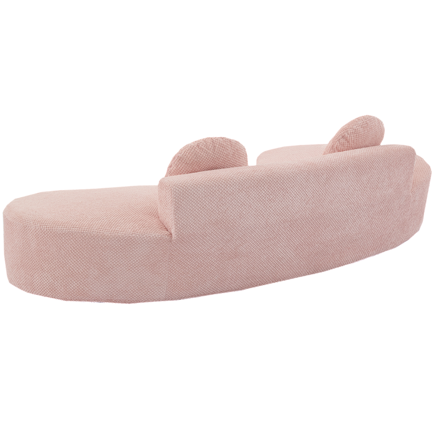 Pink textured fabric chaise lounge with rounded armrests and low profile seating