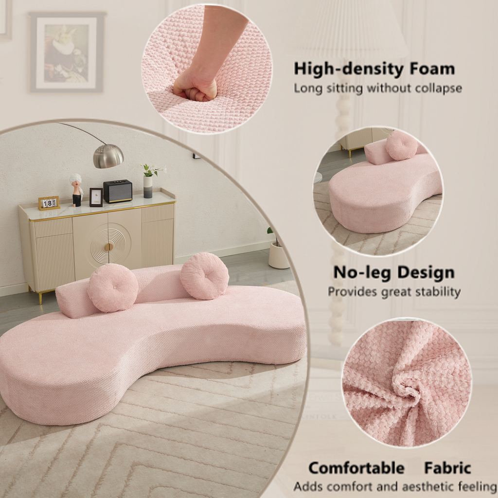 Pink curved sectional sofa with textured fabric and round pillows