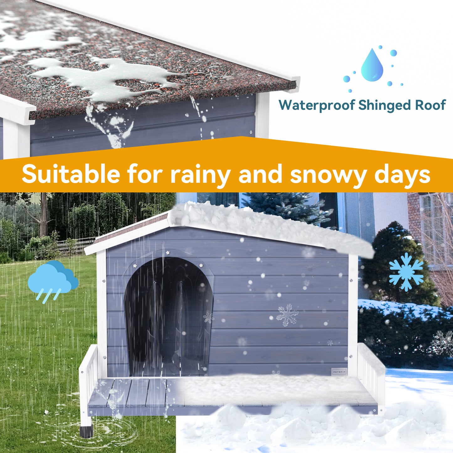 Gray wooden dog house with a waterproof shingled roof suitable for all weather