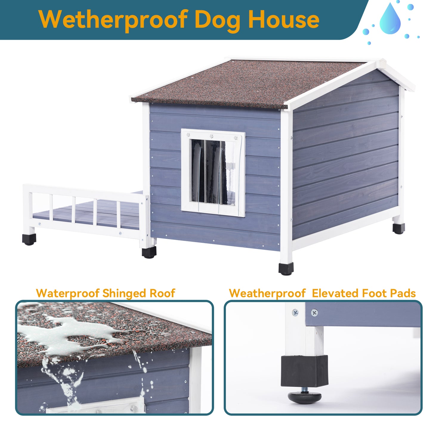 Blue wooden dog house with attached porch and clear door flap