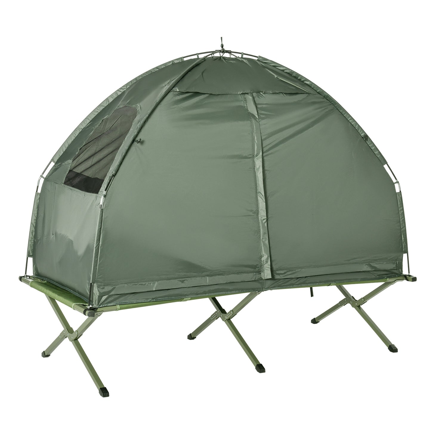 Green canvas elevated camping tent with a builtin cot structure