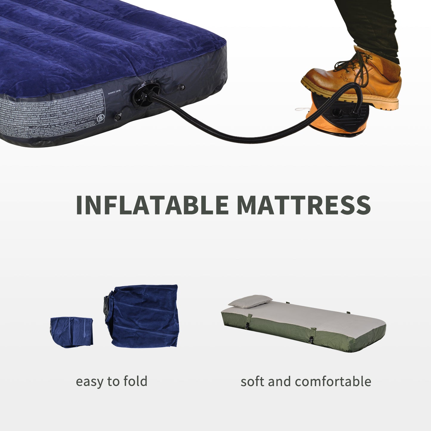 Navy blue inflatable mattress being filled with air using a foot pump