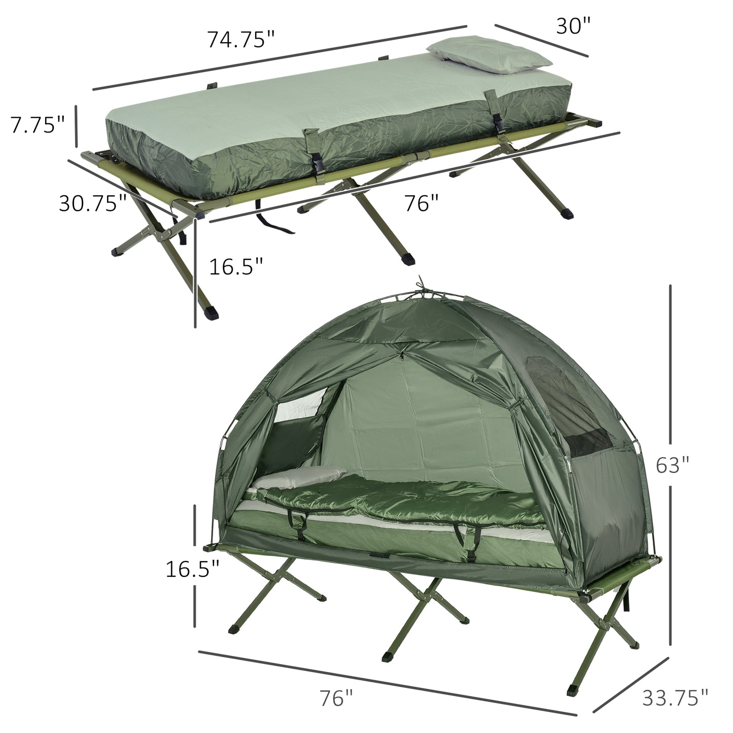 Green camping cot with mattress and pillow folded for storage